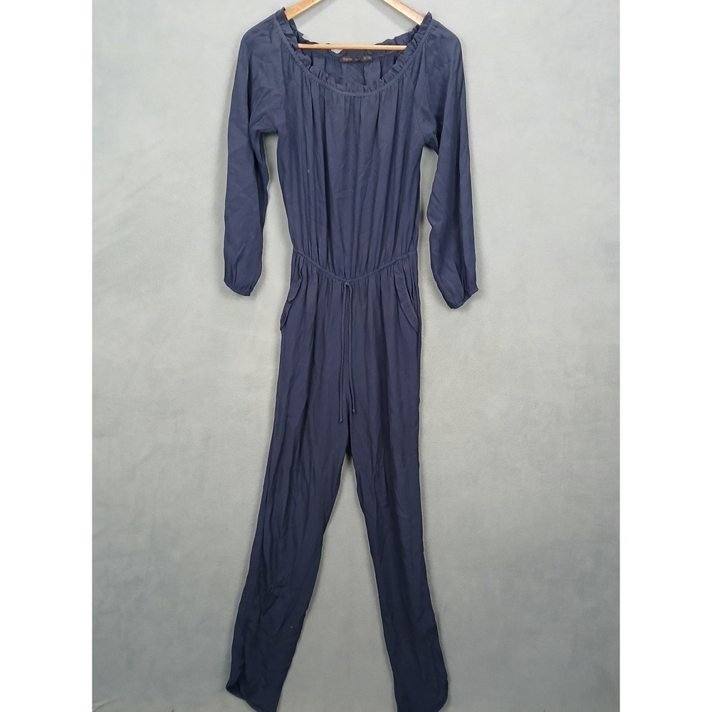 Fraiche by J Jumpsuit Womens Small Navy Blue Pleated Romper‎ One Piece Tie Waist